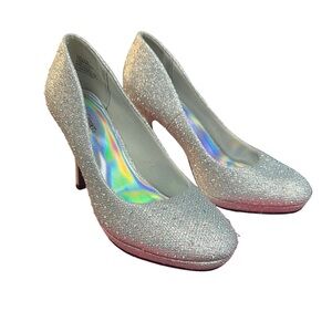 Silver Slippers Flirty Bedazzled Rhinestone Glitter Disco Party Silver Heels